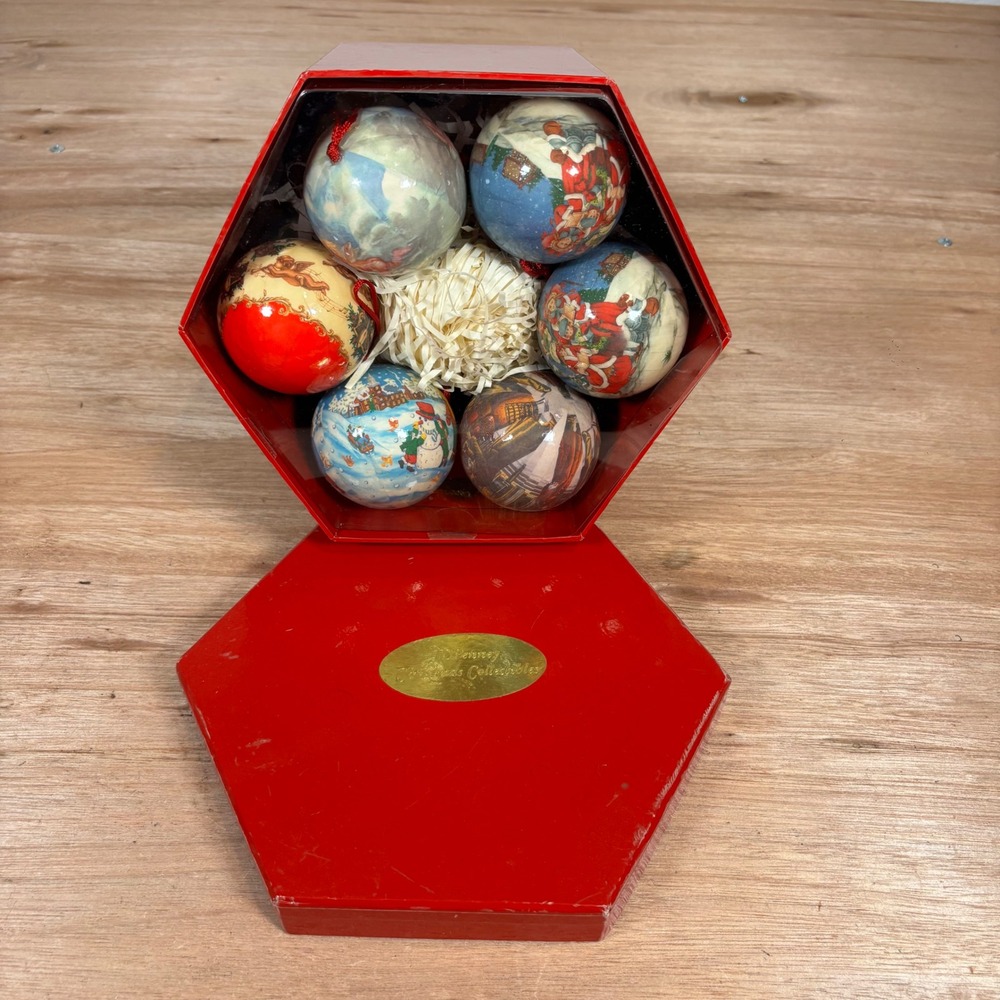 JCPenney Christmas Collectibles 12 Piece Decoupage Ornament Set Red Hexagon Box